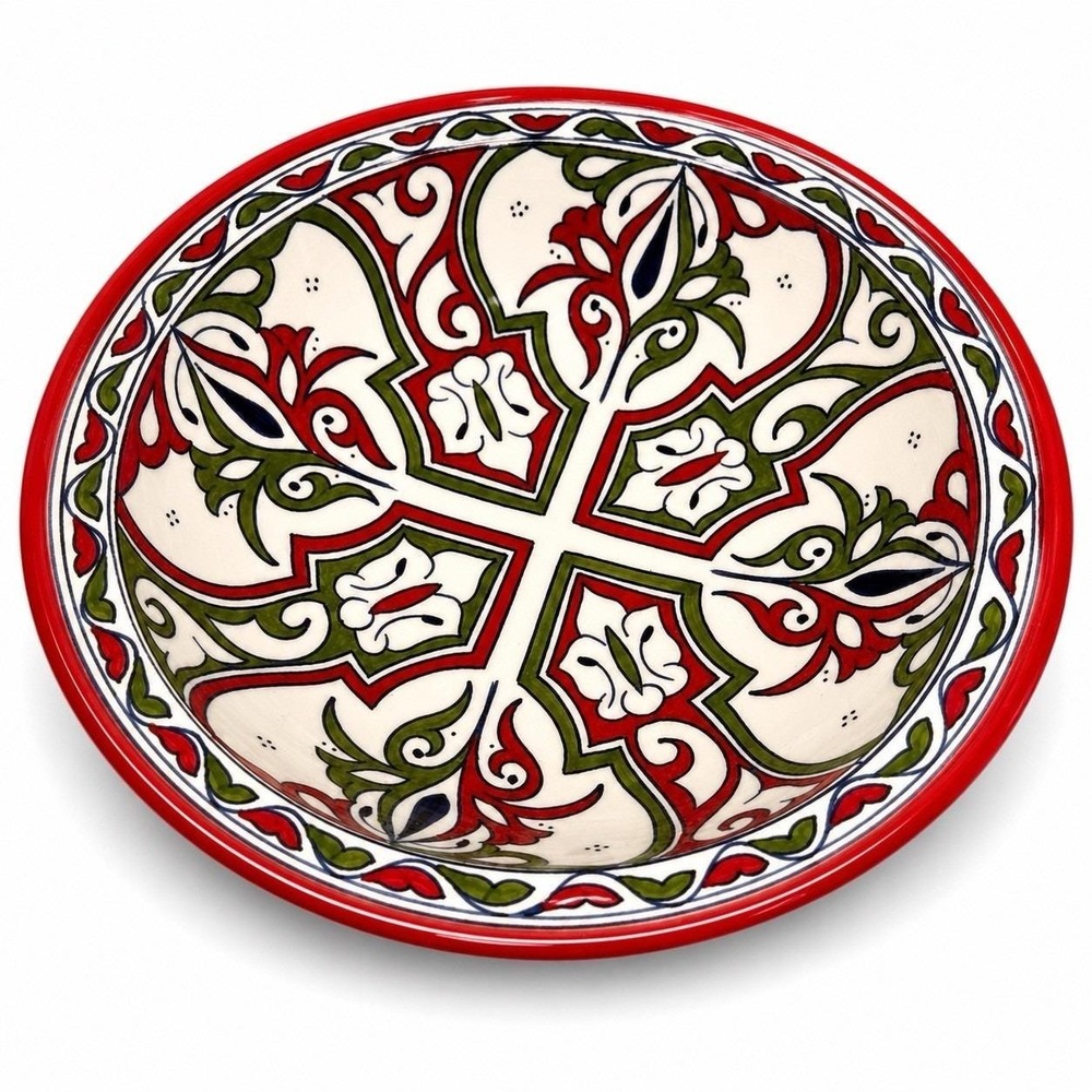 Vintage Hand Painted Moroccan Ceramic Serving Bowl Red Green Floral 11" Fes Naji